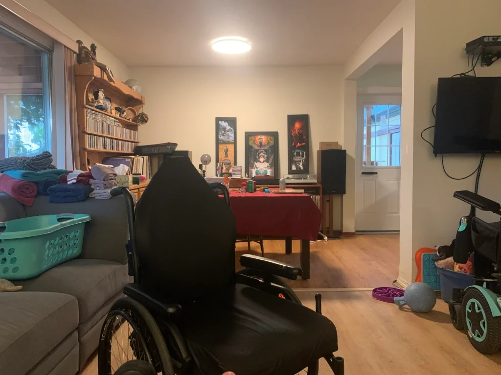 Wheelchair, art work, living room, laundry